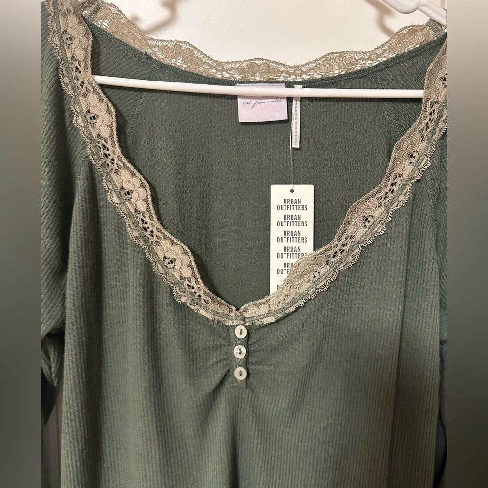 Urban Outfitters Olive Green Lace-Trim Ribbed Long Sleeve Top - Picture 8 of 11